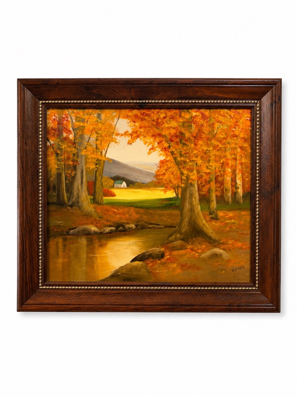 Vintage Framed Autumn Landscape Oil Painting in Warm Orange Tones